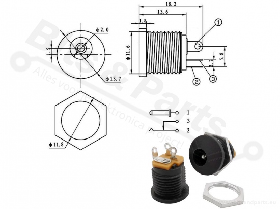 Chassisdeel 2,1x5,5mm voedings-stekker jack plug zwart